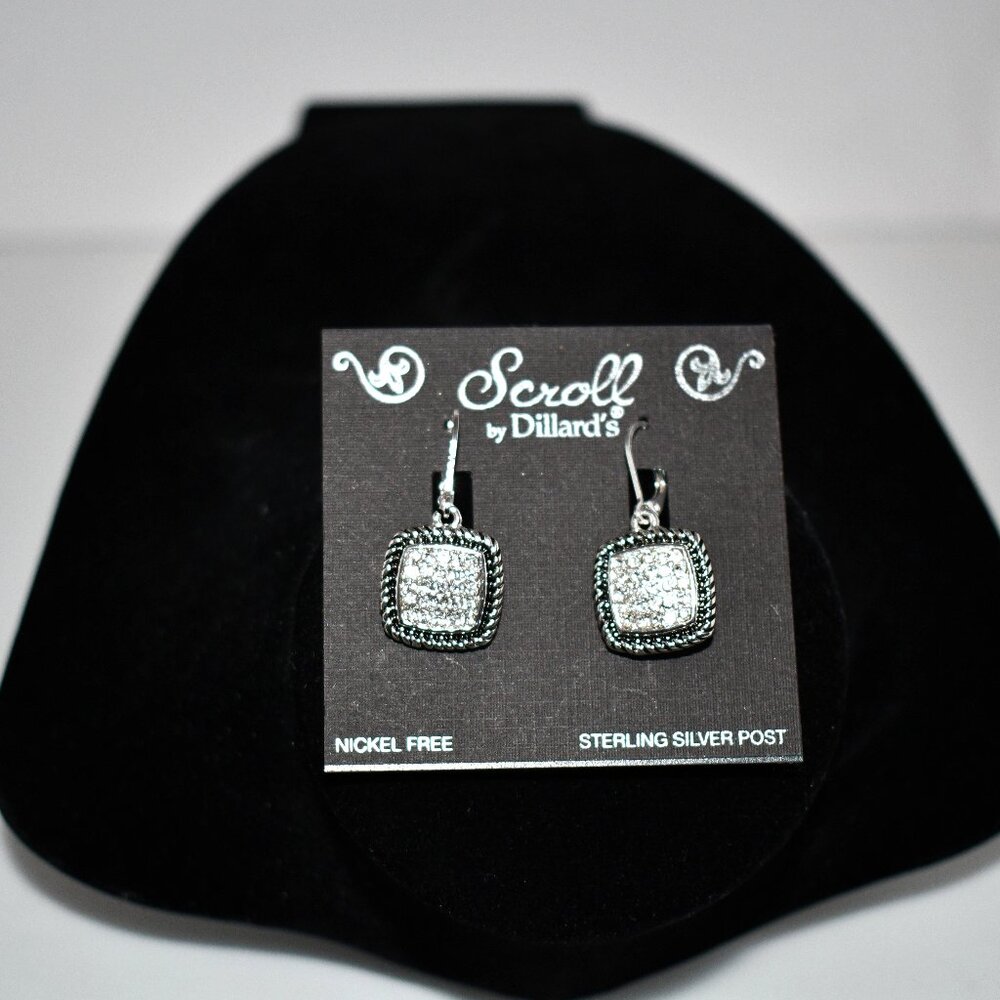 Scroll by Dillard's Silver /CZ Square Dangle Earrings 0.75" #D8771CRY NWT